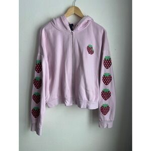 Sweet Society Pink Strawberry Zip Up Hoodie Womens XL Cropped Fruit Print Fleece